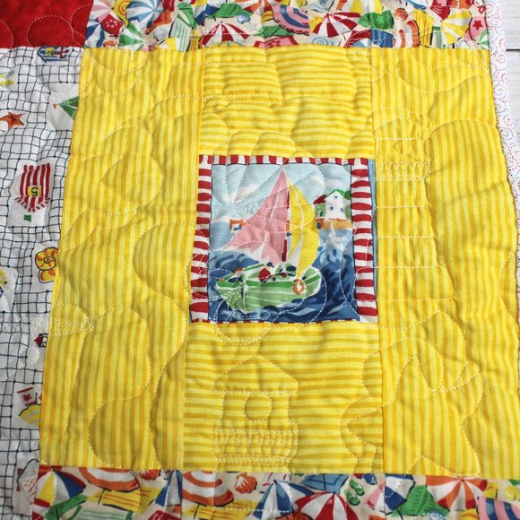 Vintage Handmade Patchwork Quilt Cotton Beach Ocean Seaside Theme - Picture 9 of 15